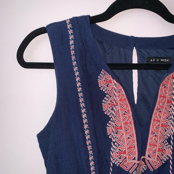 Buckle As U Wish Navy Blue Embroidered Boho Sleeveless Mini Dress Small Women’s - Picture 2 of 10